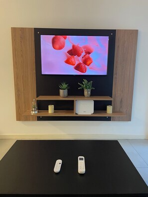 Ein Flachbildfernseher ist an einer Wand mit Holzwandverkleidung angebracht, darunter befindet sich ein Regal mit zwei kleinen Blumentöpfen und davor ein schwarzes Tischchen mit zwei Fernbedienungen.