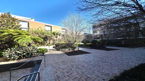 A courtyard with a brick pathway, potted plants, and a tree. - Designer Apartment in Rosebery (Rosebery)