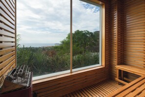 Ein Saunaraum mit großem Fenster, Holzlatten und einer Sitzbank.