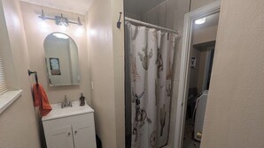 A bathroom with a sink, mirror, towel rack, and shower curtain. - The Briargate Bungalow only 5 Mins to USAFA with Pikes Peak Views (Colorado Springs)
