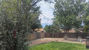 A backyard with a grassy lawn, a wooden fence, a metal bench, and a tree. - The Briargate Bungalow only 5 Mins to USAFA with Pikes Peak Views (Colorado Springs)