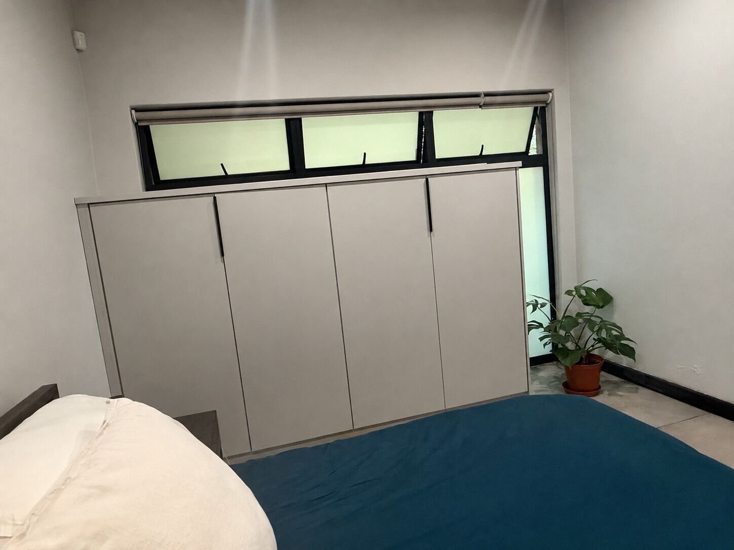 Een slaapkamer met een bed, een kledingkast en een potplant.