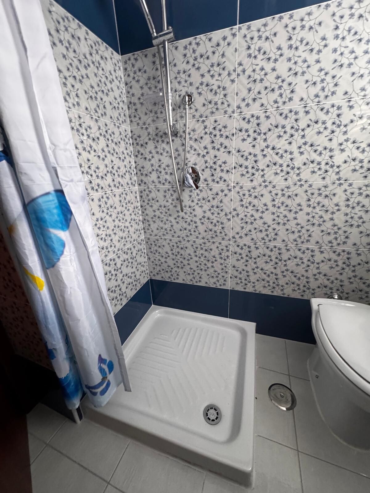 Shower, towels, soap, toilet paper