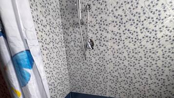 Shower, towels, soap, toilet paper