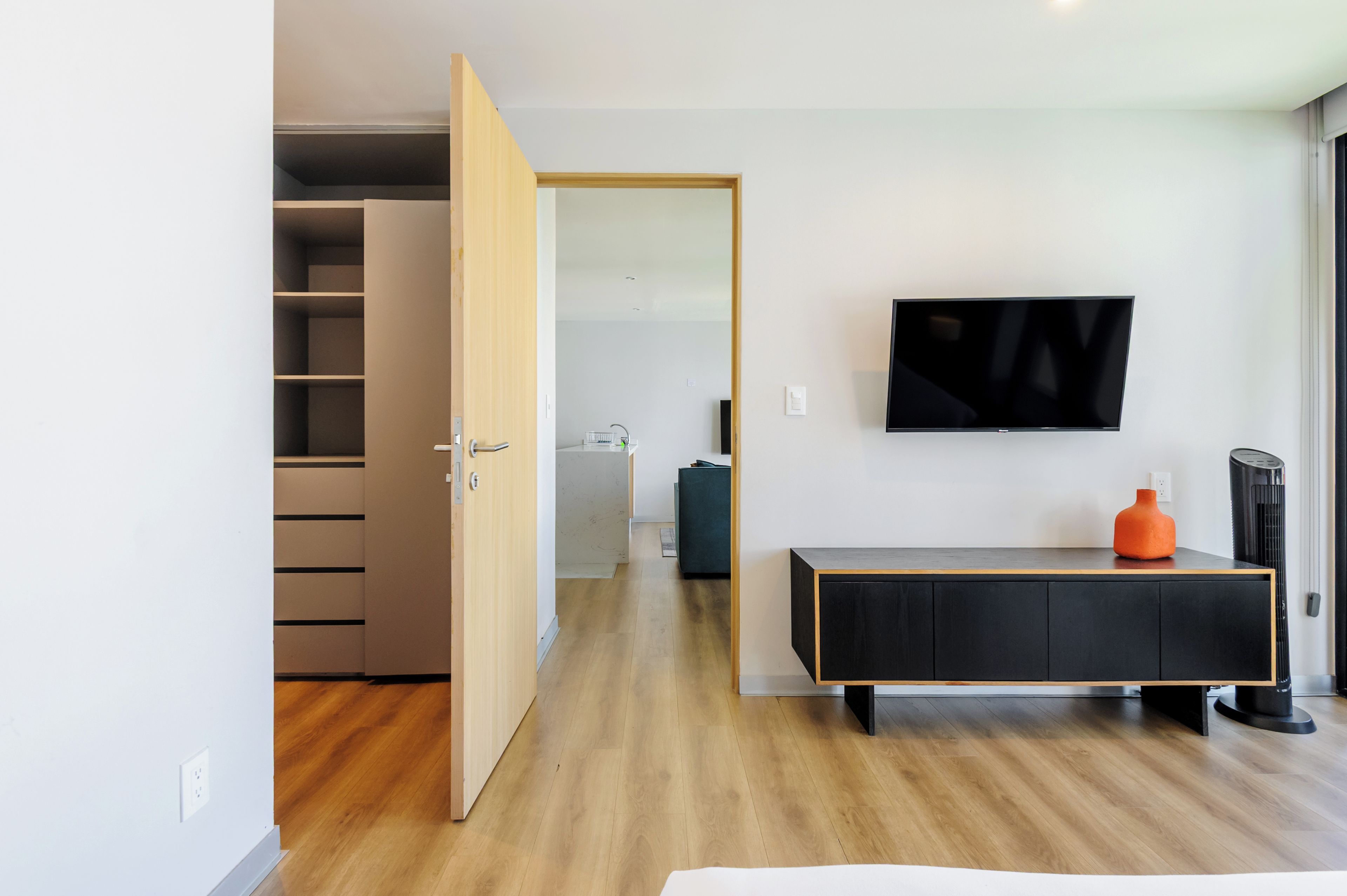 Una sala moderna con piso de madera, un mueble de entretenimiento negro, un televisor montado en la pared y un armario con puertas correderas.