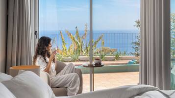 A person sitting by a window with a view of the sea and plants.