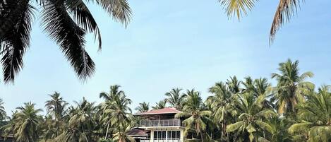 A waterfront property with a two-story building, palm trees, and a calm body of water.