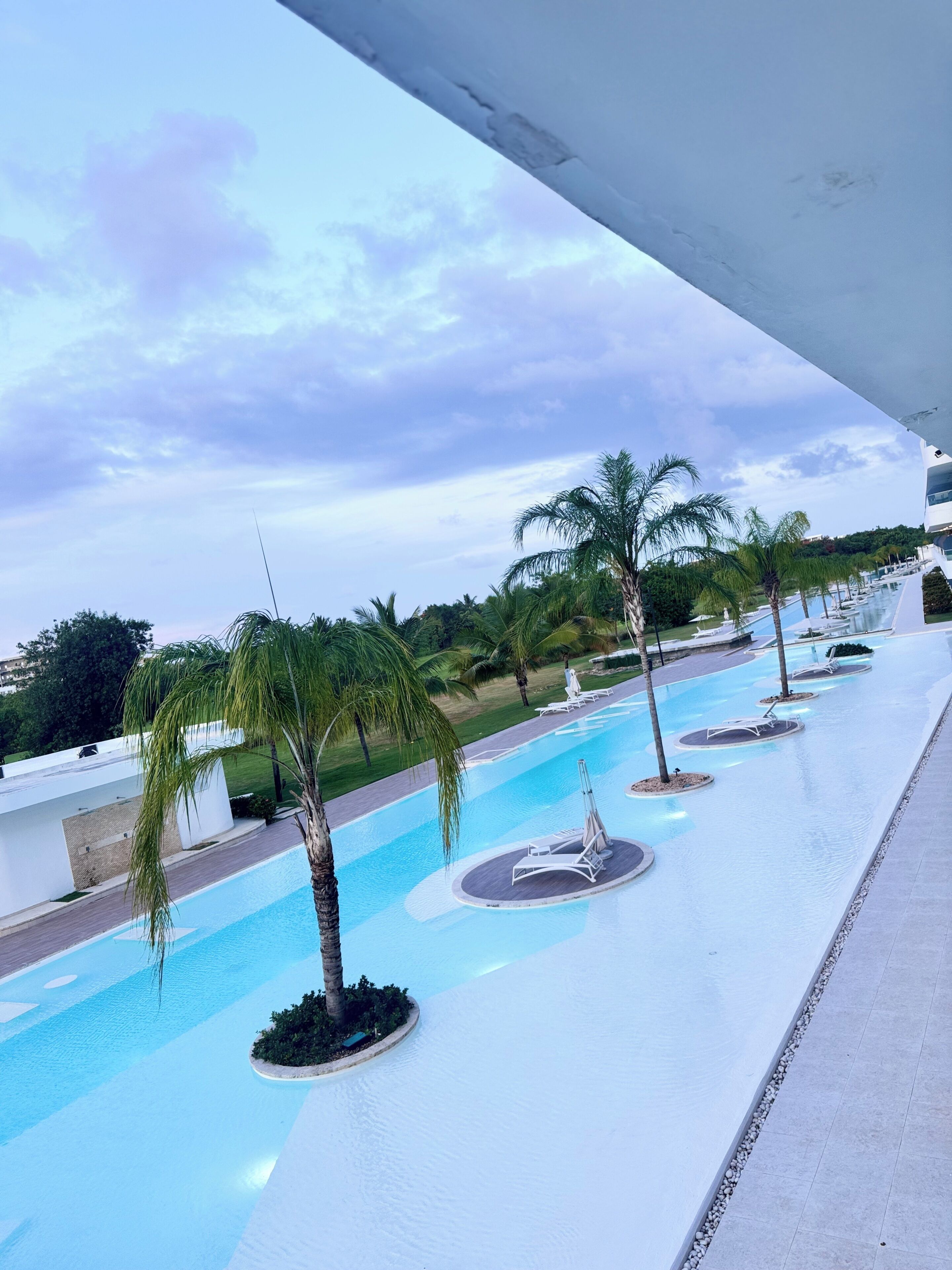 A pool area with multiple lanes, palm trees, and a clear sky.