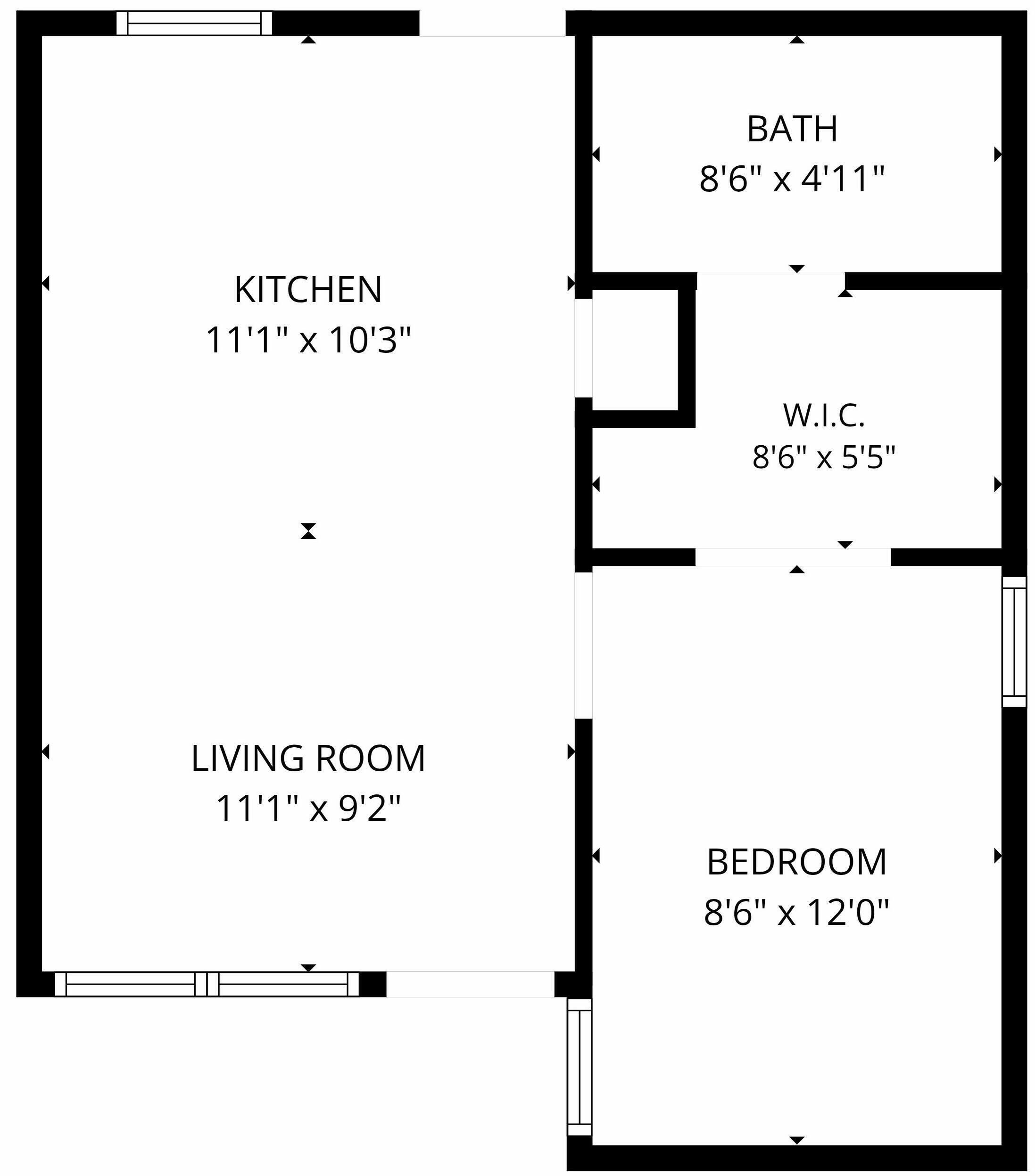 A floor plan with a kitchen measuring 11'1' x 10'3', a living room at 11'1' x 9'2', a bathroom at 8'6' x 4'11', a W.I.C. at 8'6' x 5'5', and a bedroom at 8'6' x 12'0'.