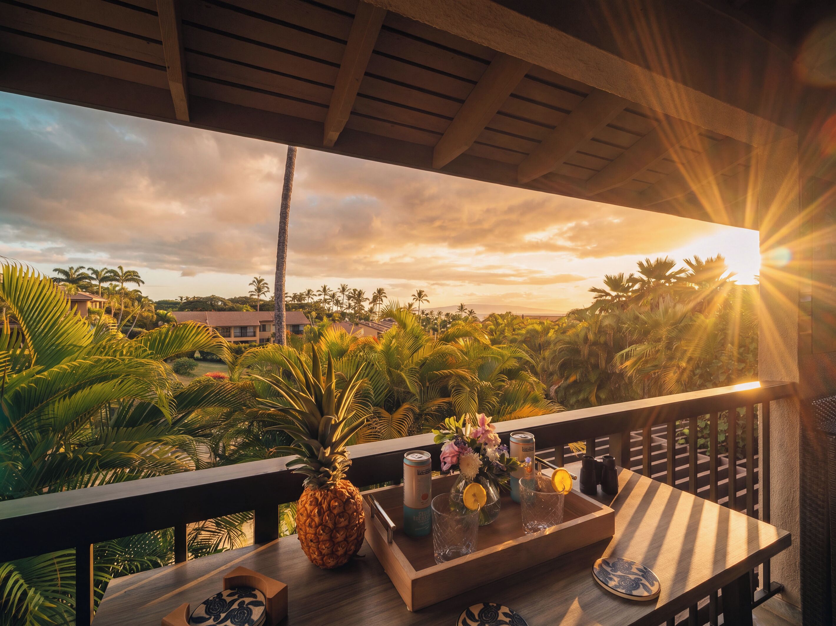 Ein Balkon mit Holzgeländer, einer Ananas, einem Tablett mit Getränken und einer Blumenvase, und Blick auf Palmen und einen Sonnenuntergang.