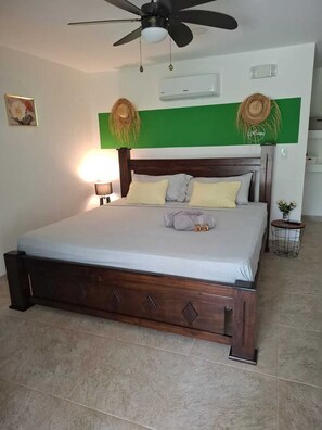 Ein Schlafzimmer mit einem Bett, einem Deckenventilator, einer Klimaanlage und einem kleinen Nachttisch mit Pflanze.