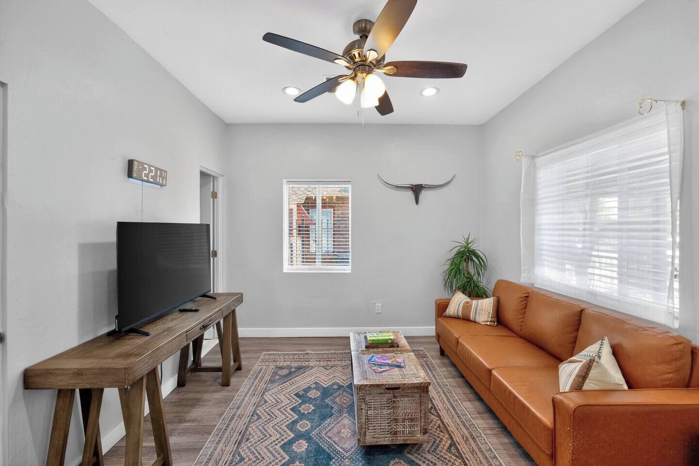 A living room with a television, a ceiling fan, a sofa, a coffee table, and a patterned rug.