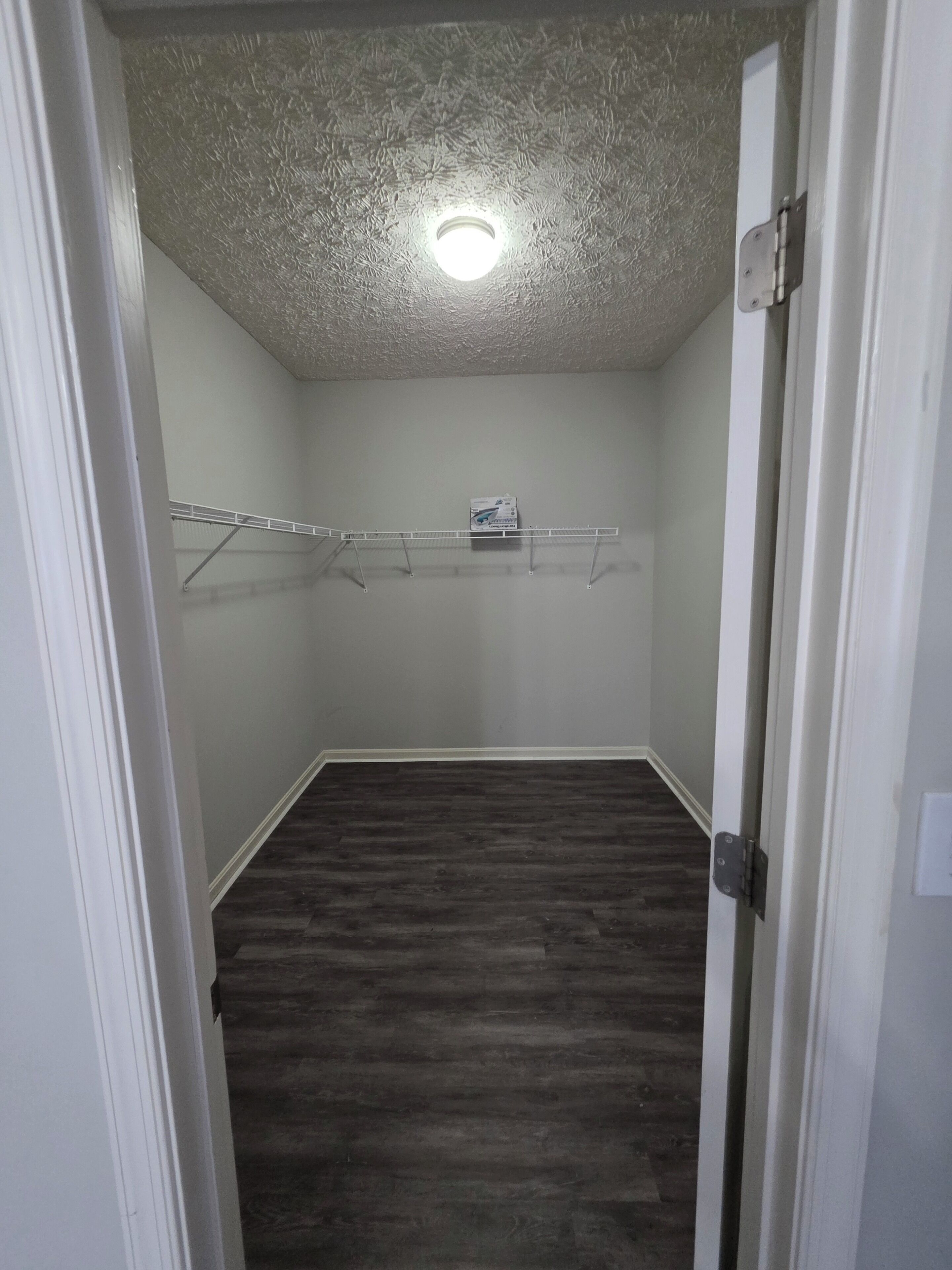 A narrow hallway with a wooden floor, a ceiling light, and a clothes rack with a box on it.