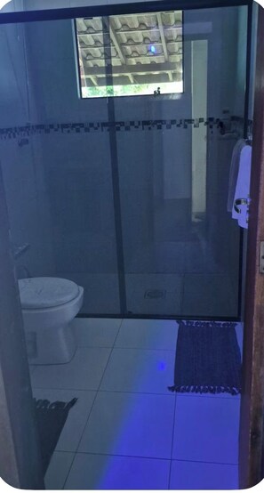 A glass-enclosed shower area with a toilet visible through the glass.