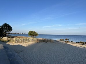 A beach with a wooden fence, a tree, and a clear blue sky. - Cat Oceania 2 - CARNAC (CARNAC)