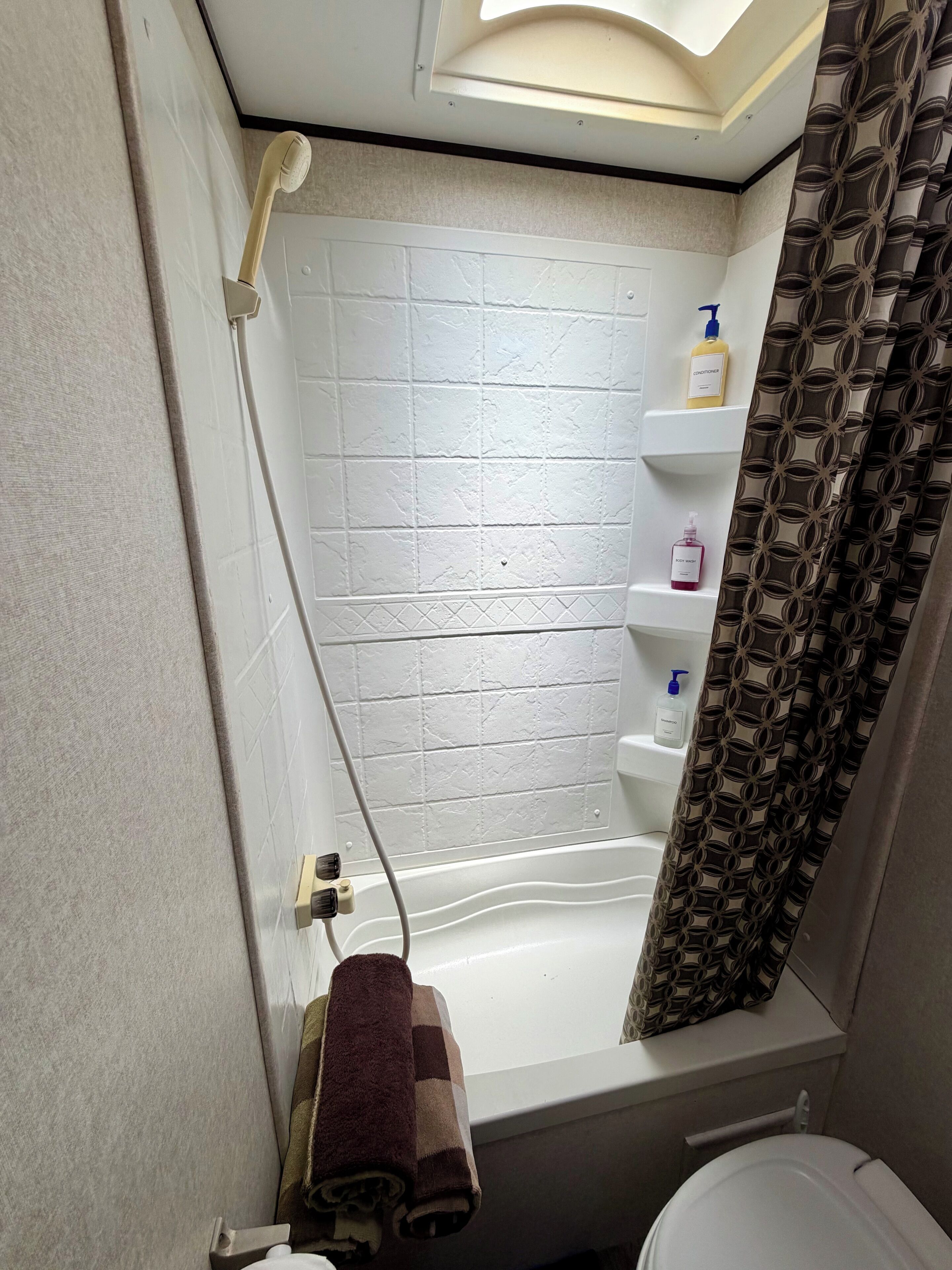 Hair dryer, towels, soap, toilet paper