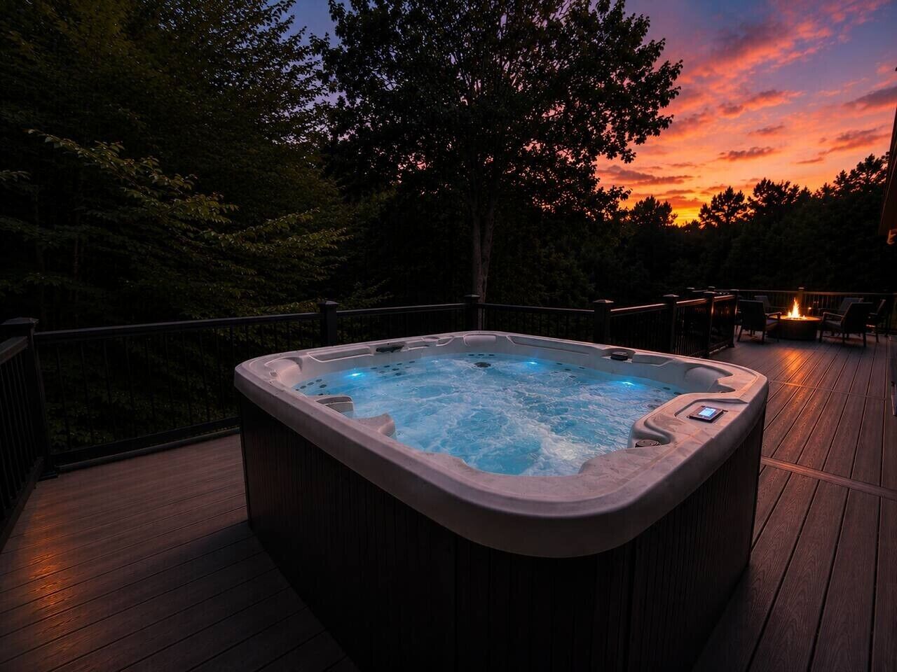 A hot tub on a wooden deck with a sunset in the background.