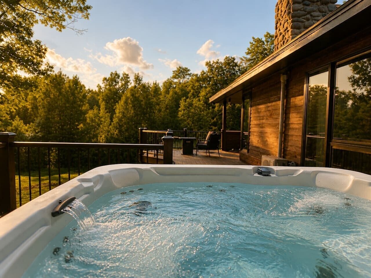 A hot tub on a deck with a wooden house in the background.