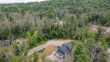 A residential area with a house surrounded by dense forest, a driveway, and a small parking area.