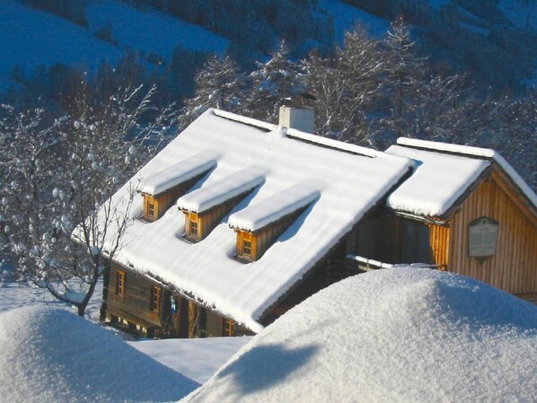 Een houten hut met een sneeuwbedekt schuin dak, omgeven door besneeuwde bomen.