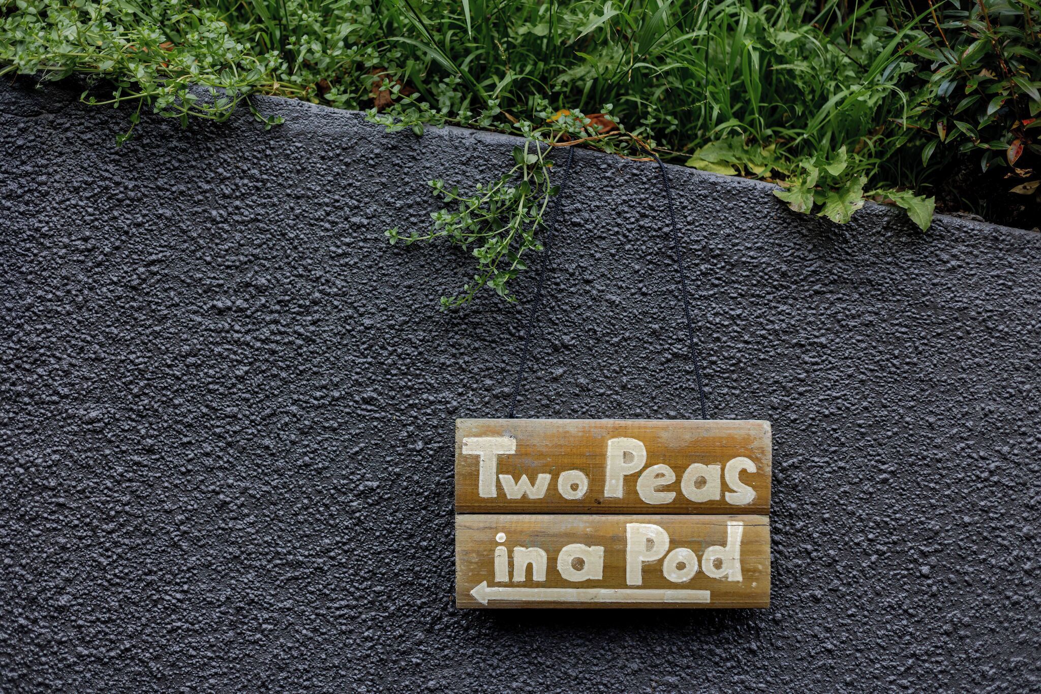 A wooden sign with white lettering on a textured surface.