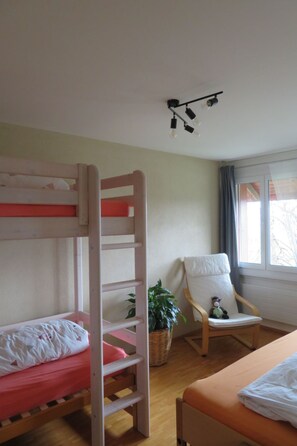 A bunk bed with a ladder, a single bed, a chair, and a plant in a room with a window.