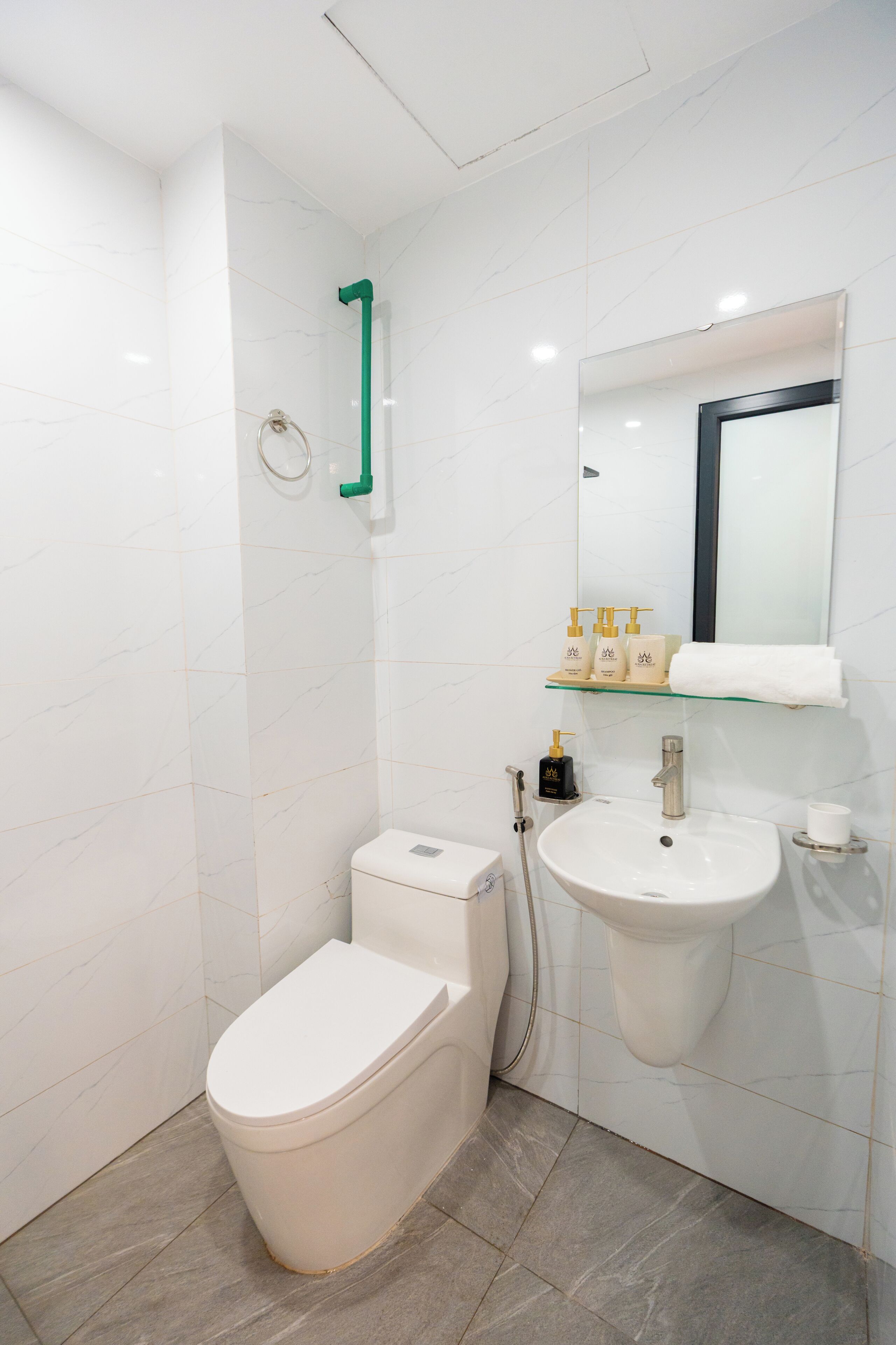 Shower, rainfall showerhead, designer toiletries, hair dryer