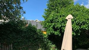 A backyard with a wooden deck, a barbecue grill, and a covered umbrella. - Comfortable and centrally located home in Odense (Odense)