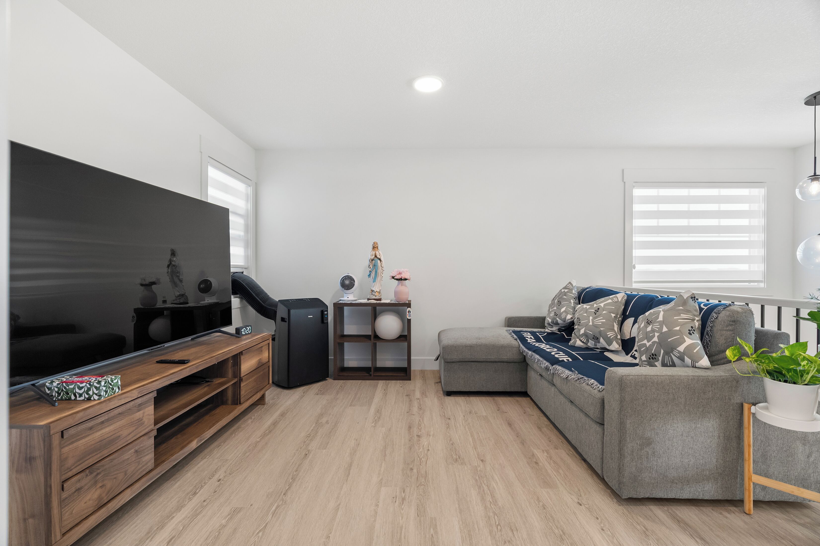 A modern living room with a flat-screen TV, wooden entertainment unit, grey sofa, and a small side table with a plant.