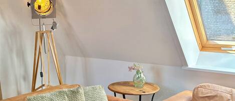 Een slaapkamer in loftstijl met een schuine plafond, een telescoop, een klein rond tafeltje met een vaas, en een leren bank.