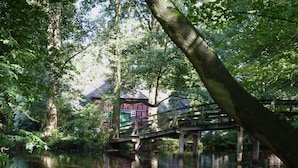 Eine Holzbrücke über einem ruhigen Fluss, umgeben von üppiger Vegetation und Bäumen.