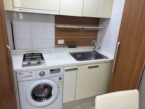 Cocina compacta con estufa a gas, lavadora integrada, lavamanos y una pequeña encimera.