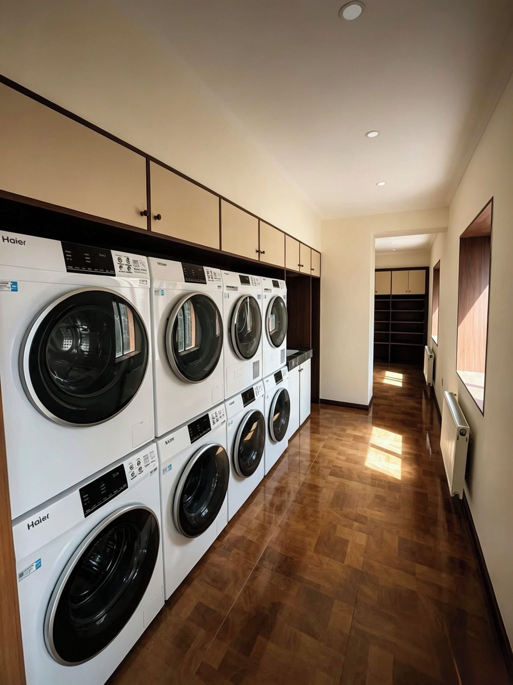 Un cuarto de lavandería con varias lavadoras Haier, piso de madera y un pasillo que conduce a una habitación con un radiador.