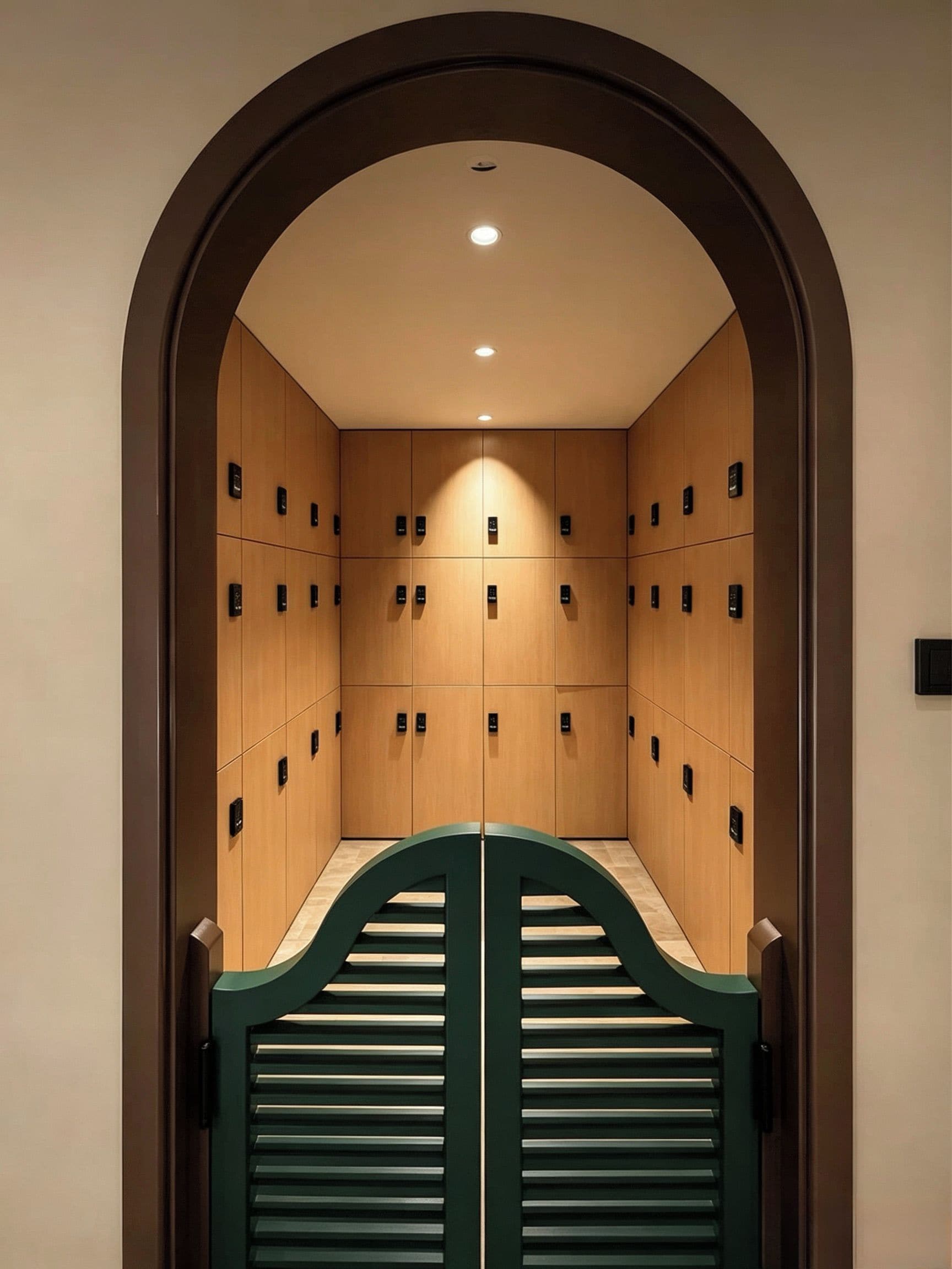 Un ascensor moderno con interior de madera y puerta verde, que cuenta con varios paneles de control.