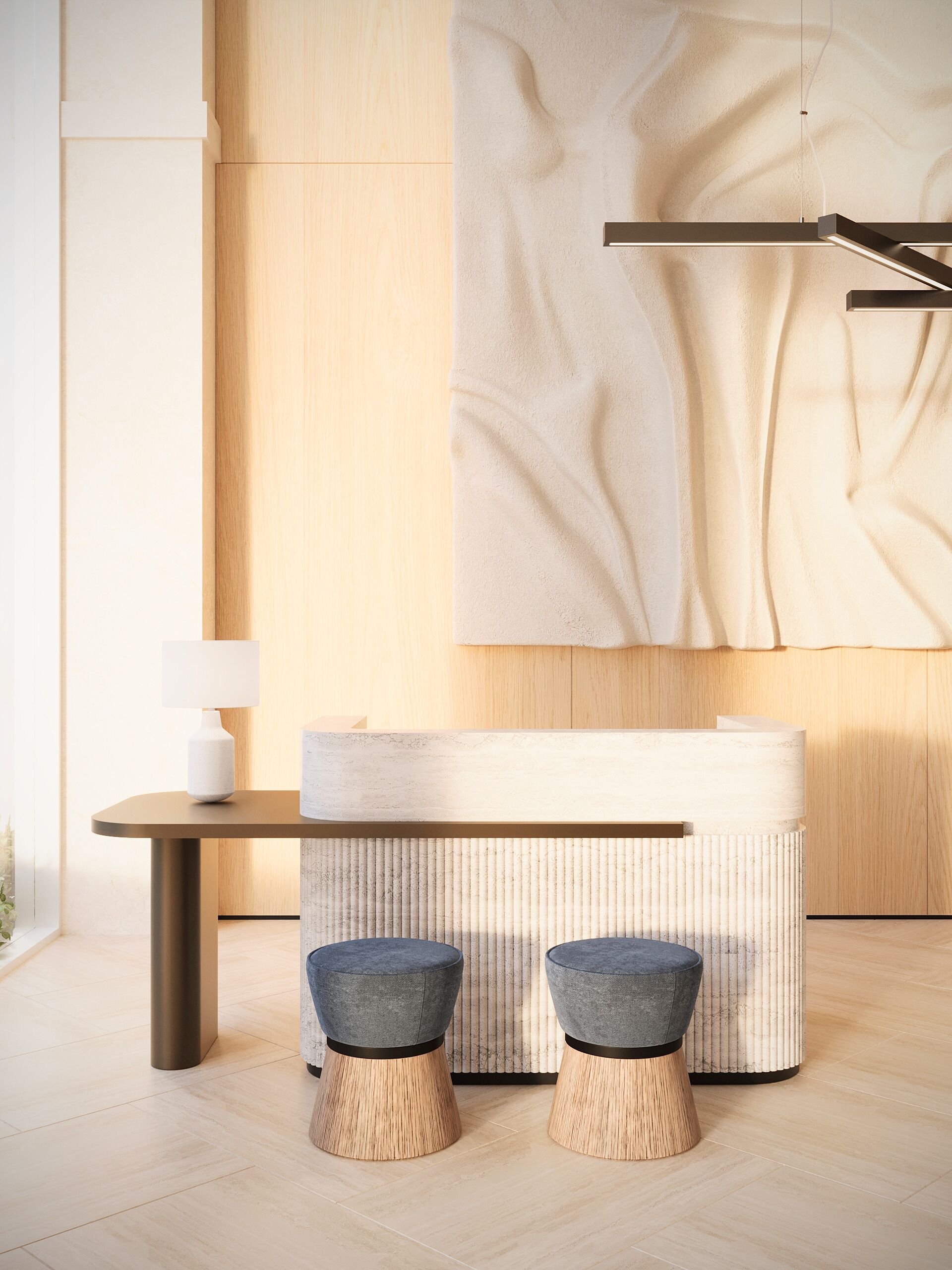 A modern reception area with a wooden reception desk, a white console, and two grey cushioned stools with wooden bases.