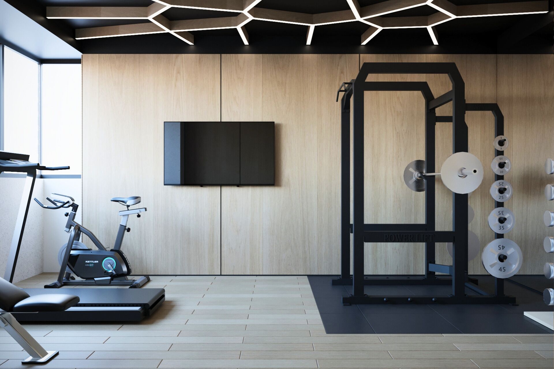 Een moderne sportschool met trainingsapparatuur, een televisie en een houten wand.