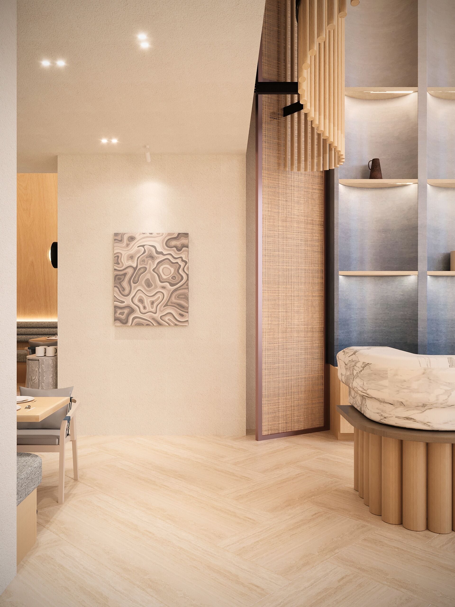 A modern interior with a herringbone floor pattern, a wooden cabinet, a marble sofa, and a wall-mounted shelf.