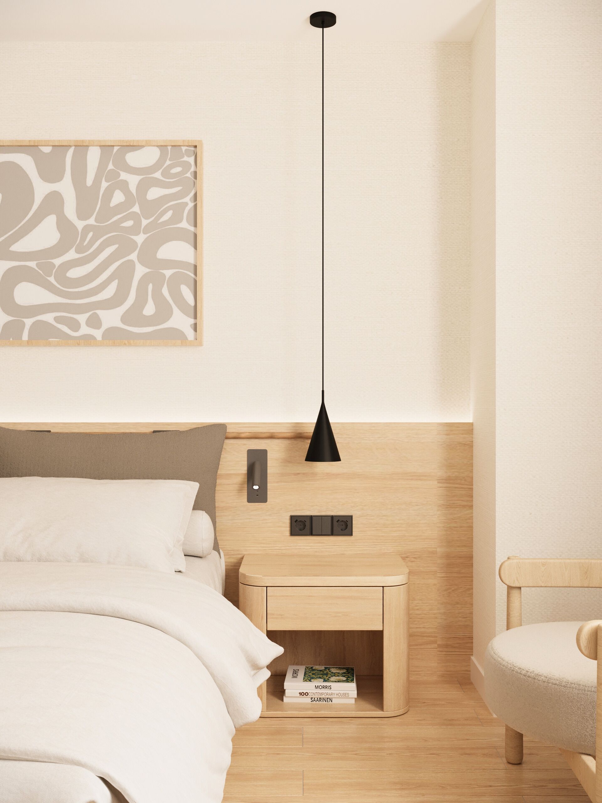 Une chambre moderne avec un lit, une table de chevet et un luminaire fixé au mur.