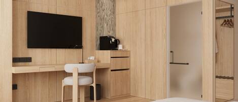 Une chambre moderne avec un bureau en bois, une chaise, un lit et une armoire.
