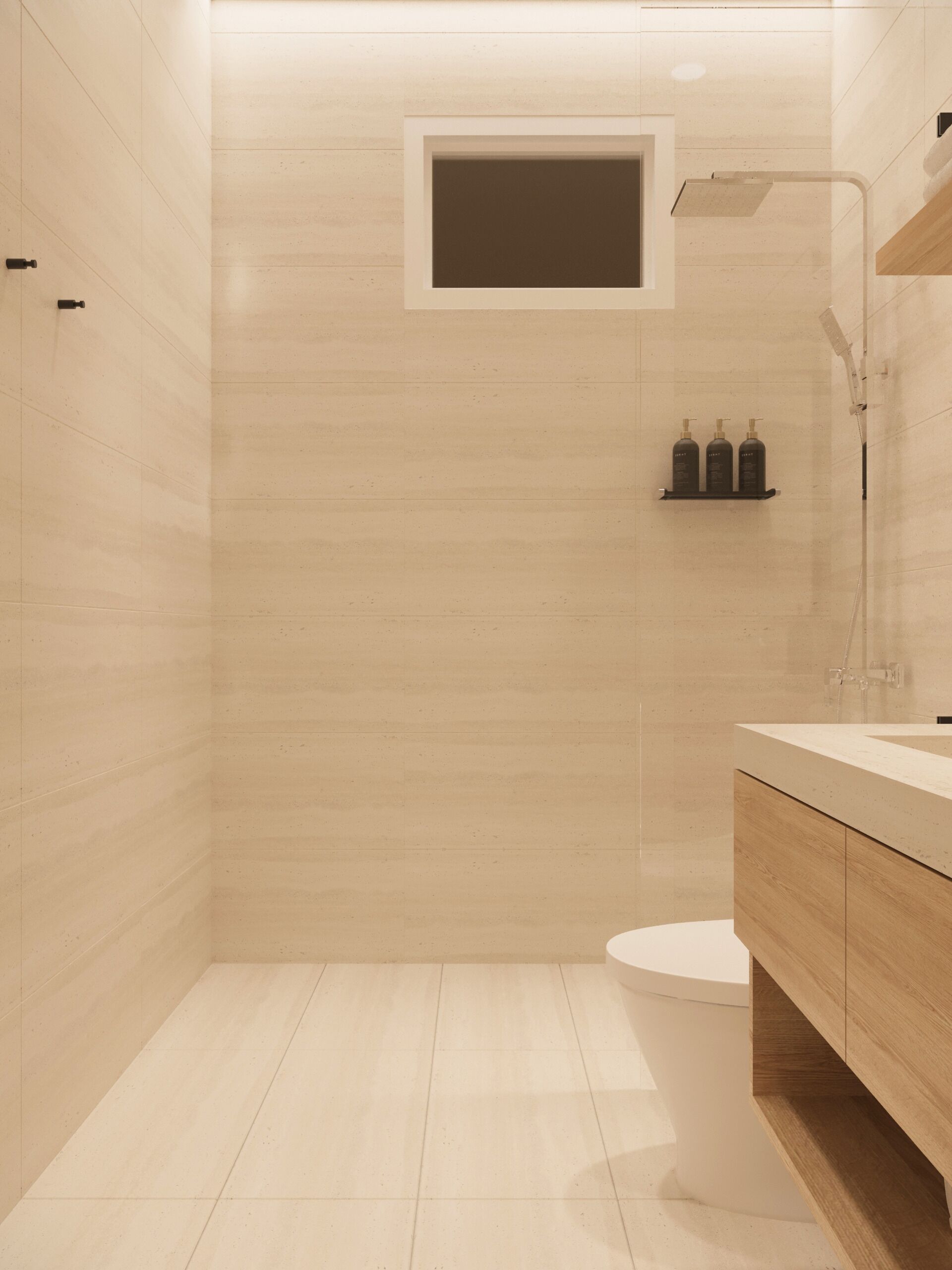 A modern bathroom with a toilet, a shower, and a vanity with a mirror.