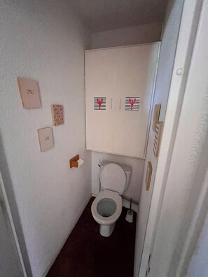 Pieni kylpyhuone, jossa on wc-istuin, wc-istuimen yläpuolella oleva kaappi ja seinällä wc-paperirulla.