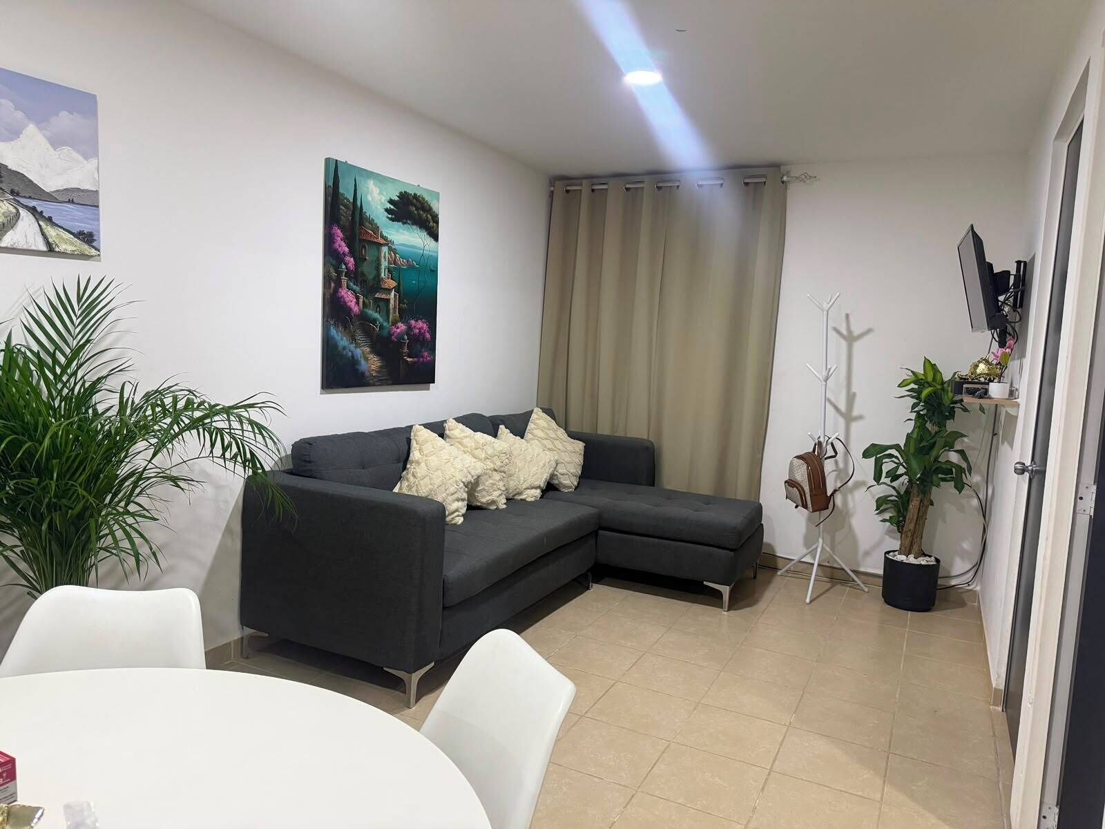 A modern living room with a sectional sofa, a dining table, and a potted plant.