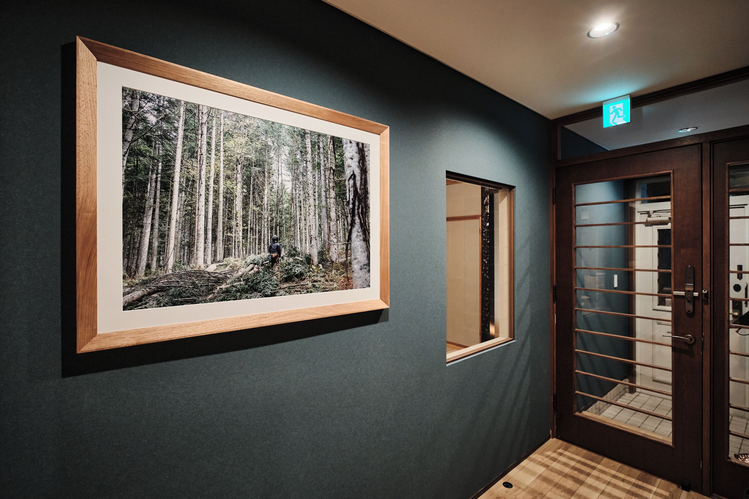 Un couloir orné d’une photographie encadrée représentant une forêt, une porte avec un panneau de verre et une petite fenêtre.