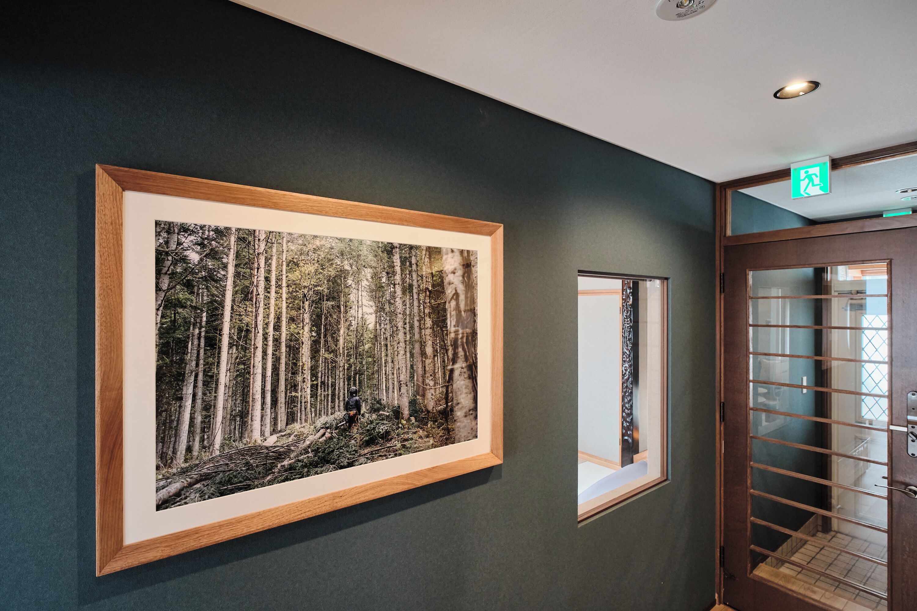 A hallway with a framed forest photograph on the wall, a door with a glass panel, and an exit sign.