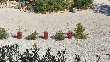 A wooden cabin with a porch, surrounded by gravel and potted plants.