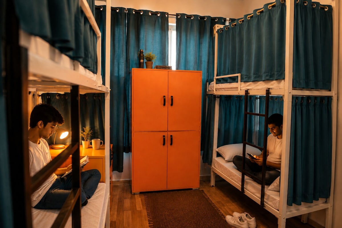 A dormitory room with bunk beds, a wardrobe, and a desk with a lamp.