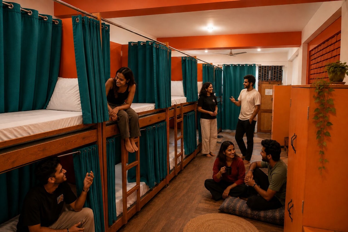 A dormitory room with bunk beds, a ceiling fan, and a refrigerator.