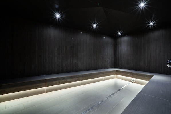 A dimly lit room with a central rectangular pool, surrounded by dark walls and illuminated by four ceiling lights. - Apartment near the Baltic Sea (Travemünde)
