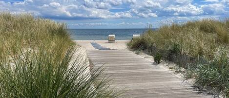 Une promenade en bois qui mène à la plage, avec des dunes de chaque côté.