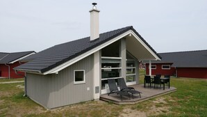 A small, single-story building with a sloped roof and a chimney. It has a large glass door and windows, a patio with outdoor furniture, and is surrounded by a grassy area. - Skandinavischer Rückzug für 6 (Großenbrode)